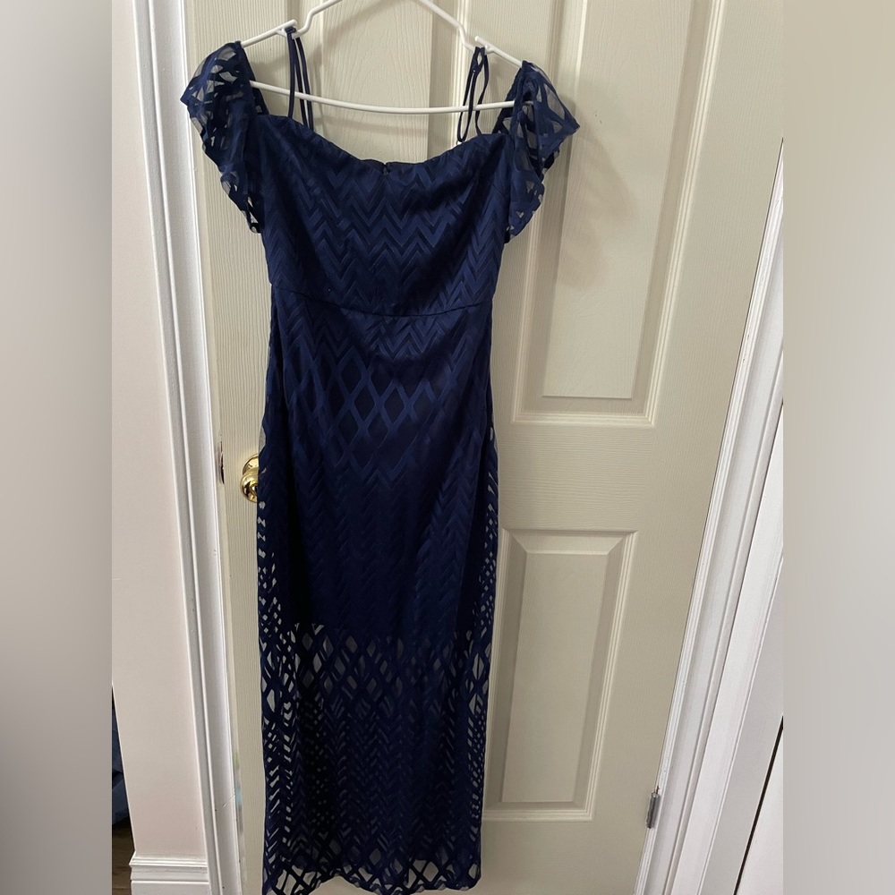 Of the shoulder long Navy Blue dress